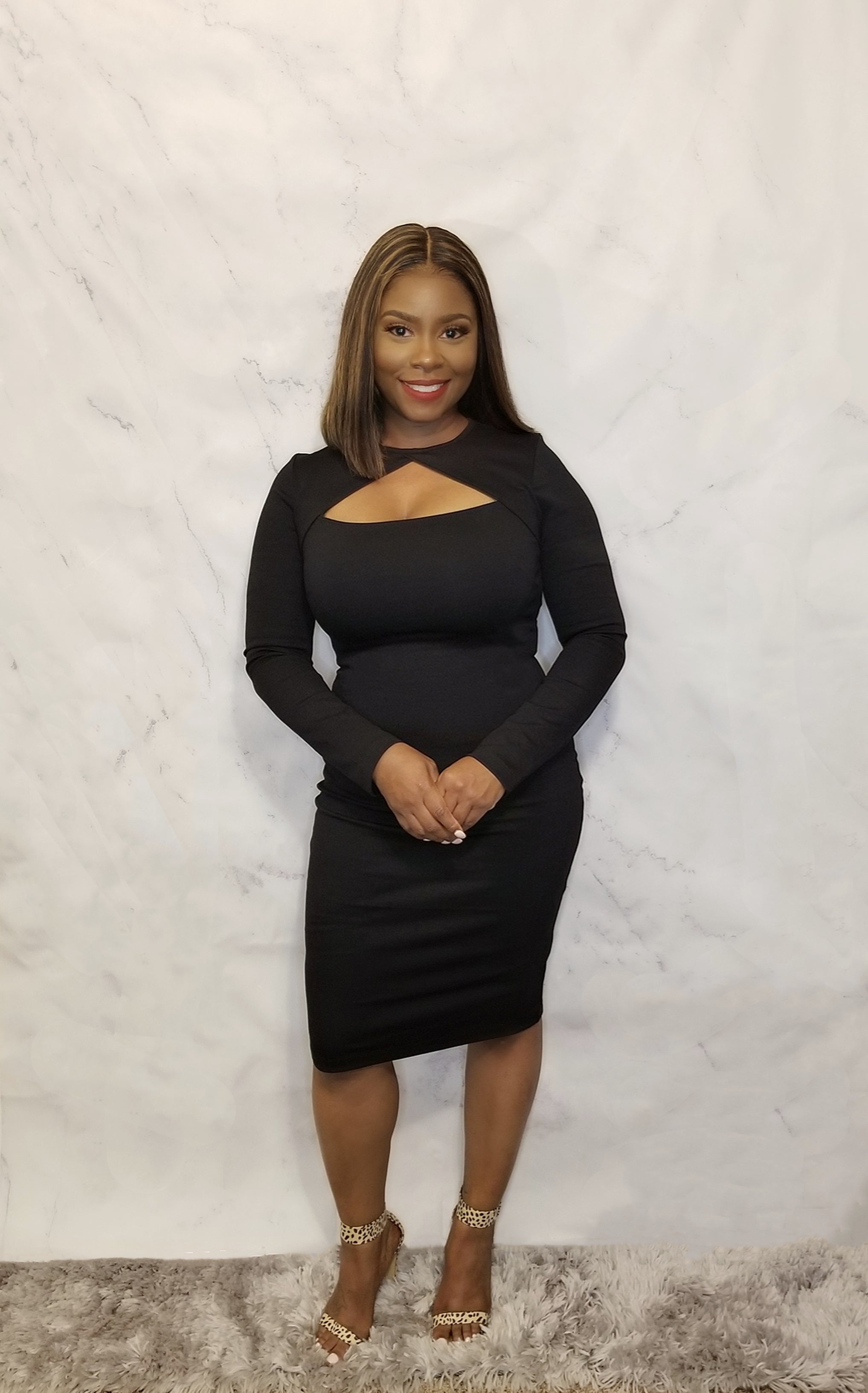 Long Sleeve Chest Cutout Midi Dress B Haute Fashion Long Sleeve Chest Cutout Midi Dress B Haute Fashion