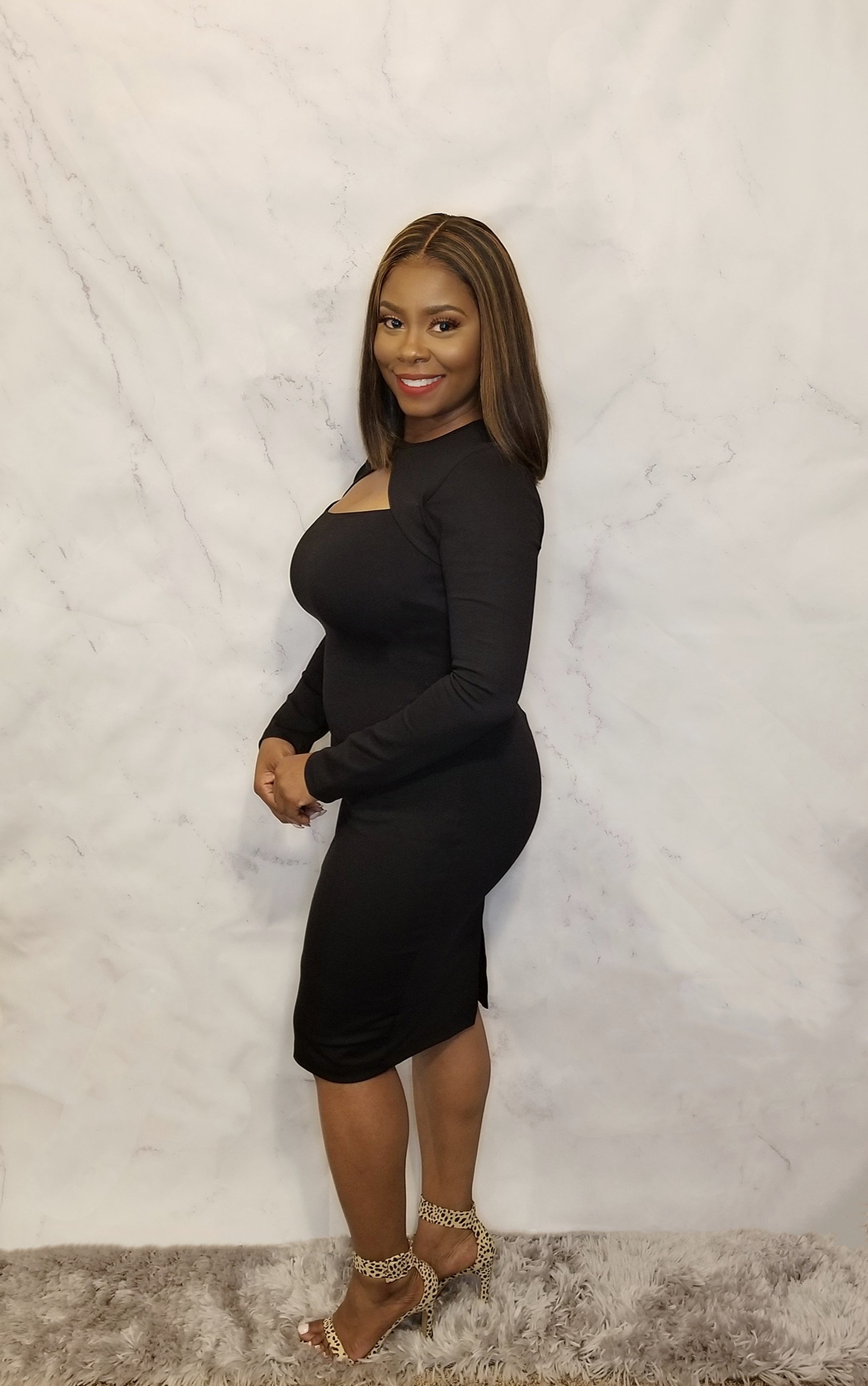 Long Sleeve Chest Cutout Midi Dress